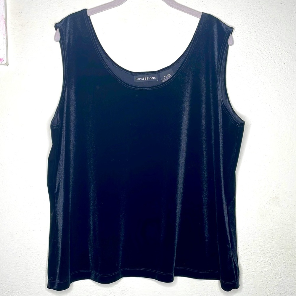 Impressions soft velvet event ready sleeveless top in black. Size XL